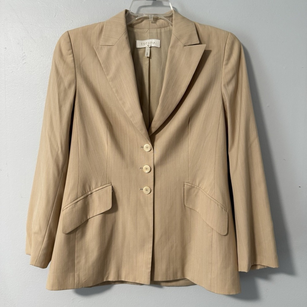 Escada Womens Blazer Jacket Size 10 Tan/Beige Textured Pinstripes Career Wool‎